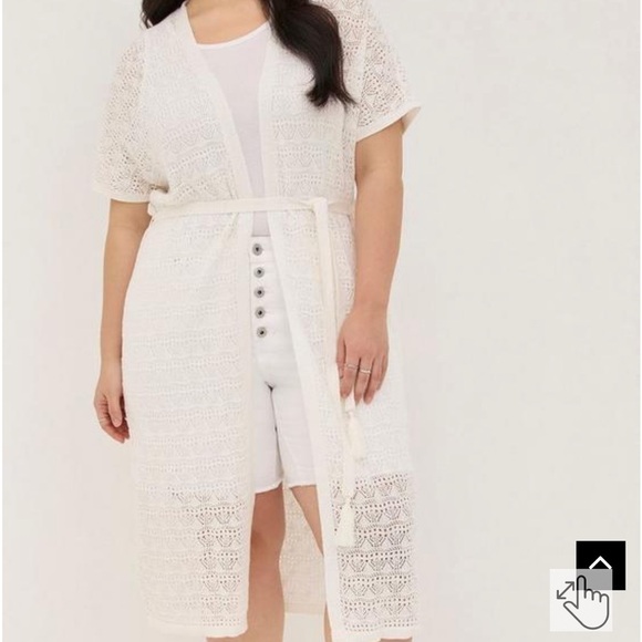 TORRID cream Crochet Duster Short Sleeve Tie Waist Sweater - Picture 1 of 8